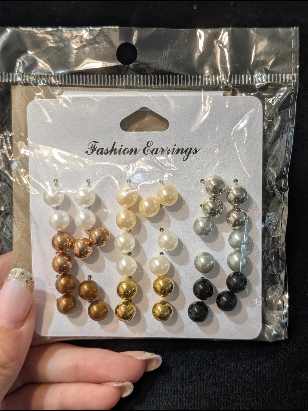 9 Pair Pearl and Metallic Stud Set - White, Gold, Rose Gold, Silver, Black